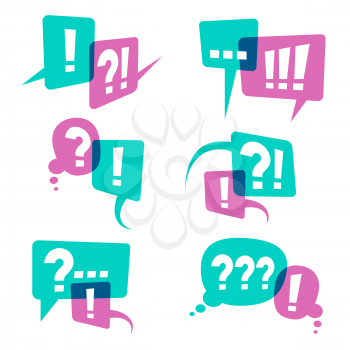 Question marks on speech bubbles icons. Business query vector concept. Discussion communication chat question bubble and answer illustration