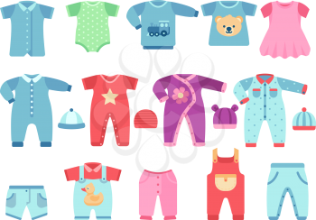 Boy and girl baby garments. Infant vector clothes. Clothing infant baby dress and suit illustration