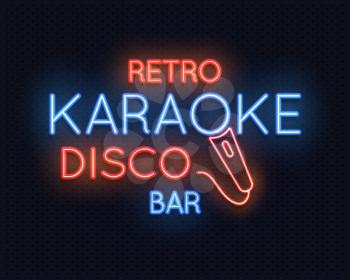 Retro disco karaoke bar neon light sign vector illustration. Neon light lamp glowing, karaoke club illumination