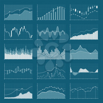 Business data financial charts. Stock analysis graphics. Growing and falling market graphs vector set. Collection of visualization finance chart and diagram information illustration