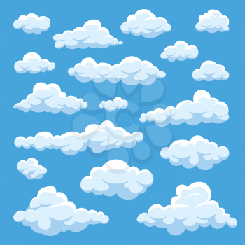 Cartoon clouds isolated on blue sky panorama vector collection. Cloudscape in blue sky, white cloud illustration