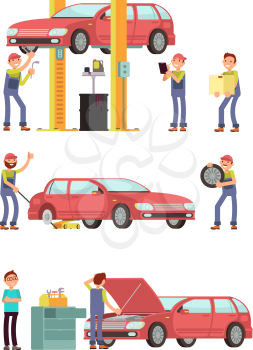 Car repair auto service with mechanic characters in uniform vector set. Mechanic repair car, automobile maintenance illustration