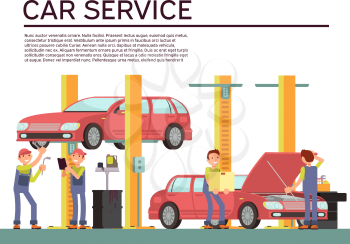 Automobile service and vehicle check vector background with car and mechanics in uniform. Repair car in service garage illustration
