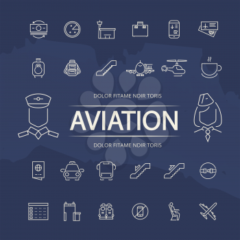 Aviation outline icons collection on blue grunge background. Vector illustration