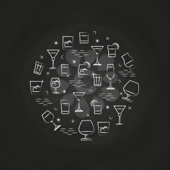 Alcoholic drinks icons on chalkboard - drinks circle concept. Vector illustration