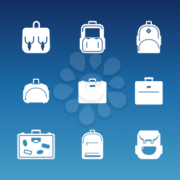 White flat travel bag icons set. Luggage and handbag, backpack vector illustration