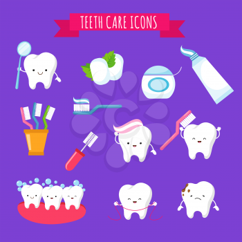 Tooth brushing and dental care cute cartoon icons for kids. Funny teeth with toothbrush and toothpaste. Brushing and hygiene tooth, vector illustration