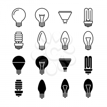 Light bulbs line and silhouette icons isolated on white. Set of light bulb and lamp electricity, vector illustration