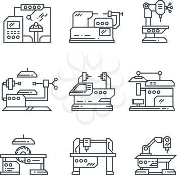 Industrial machines vector line icons. Factory machine tools symbol. Factory machine for industrial, illustration of equipment machinery