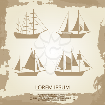 Sailboat or ship icons on vintage background - vintage pirate ships set. Vector illustration