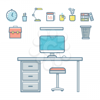 Office workspace objects in linear style for design - make you workplace vector