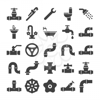 Sanitary engeneering, valve, pipe, plumbing service objects icons collection. Faucet and plumbing valve, pipe water and tube for drain. Vector illustration