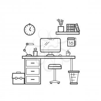 Workspace line concept - outline workplace with computer on white background. Vector illustration
