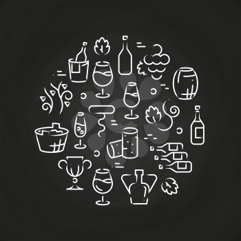 Drinks line icons - wine logo on chalkboard. Glass drawing alcohol, vector illustration