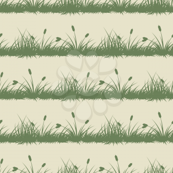 Vintage grass and bushes silhouettes with canes horizontal seamless patterns