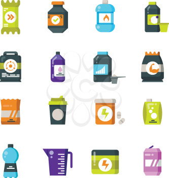 Sports nutrition supplements and protein flat icons. Energy drink and power bar vector symbols. Power energy for fitness and drink for sport illustration