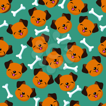 Happy dog face seamless vector pattern. Cute dog cartoon and bone pattern illustration