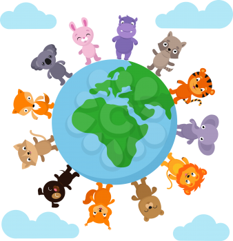 Cute and funny baby animals walking around Earth globe vector illustration. Cartoon anumals globe around, elephant and lion, dog and raccoon