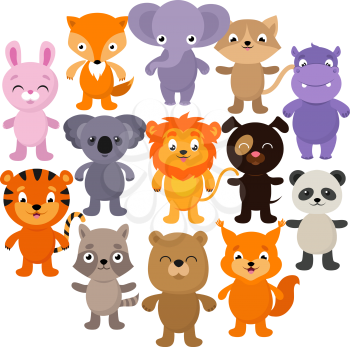 Forest, savana and jungle baby animals. Cartoon vector character set. Young happy character animals illustration