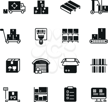 Industrial warehouse, logistics and distribution management vector icons. Illustration of delivery and storage service icons