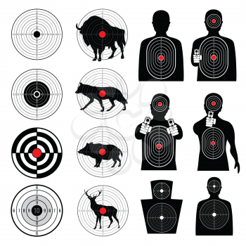 Gun shooting targets and aiming target silhouettes vector collection. Aim and goal, target for sniper, bullseye round aim illustration