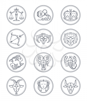 Zodiac vector astrology vector line icons. Aries and taurus, gemini and cancer, leo and virgo, libra and scorpio, sagittarius and capricorn, aquarius and pisces signs. Horoscope line style symbols Illustration