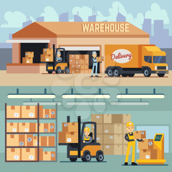 Warehouse storage and shipping logistics vector concept. Storage and transportation cargo, delivery and shipping illustration