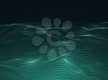Digital background with wavy surface. 3d futuristic landscape with particles. Sound waves data vector concept. Futuristic flow surface layer illustration