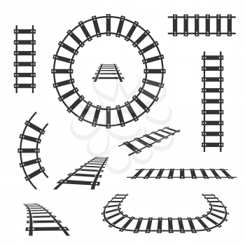 Straight and curved railroad tracks vector black icons. Transportation rail curve straight and road illustration