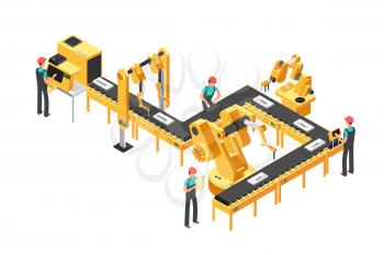 Automated production line, factory conveyor with workers and robotic arms isometric industrial vector concept. Illusstration of industrial control conveyor work