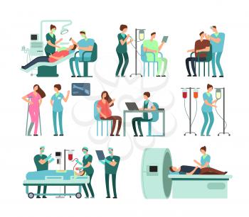 Medical doctors and patients in clinic. Vector people and medicine isolated. Medical care in clinic or hospital, medicine and physician, professional diagnostic illustration