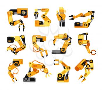Industrial robotic arms manufacture technology assembly equipment vector set. Industry assembly equipment for manufacturing machine illustration