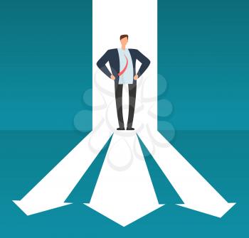 Businessman looking at pathway with many directions. Success business choice and investment risque vector concept. Direction way road, businessman plan and guide strategy for business illustration