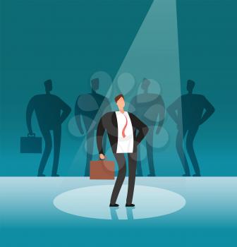 Unique businessman standing in searchlight. Stand out by employer, career and recruitment vector concept. Illustration of business recruitment, job hiring