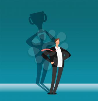 Businessman with winner shadow holding trophy cup. Leadership, achievement and business challenge vector concept. Businessman with cup trophy shadow, winner business competition illustration