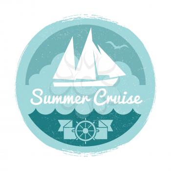 Vintage summer cruise label design with yacht on white background. Vector illustration