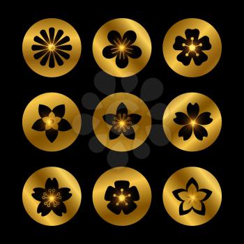 Stylish golden icons with shining flowers silhouettes on black. Vector illustration