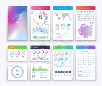 Smartphone UI. Mobile vector graphic ui and ux design, apps digital lifestyle apps interface template set in white style