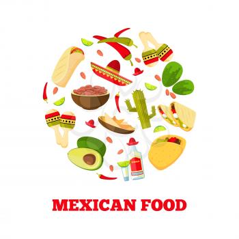 Mexican cuisine cartoon vegetables, food and drinks logo design in round form. Vector illustration