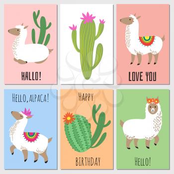 Cute mexican alpaca kids vector invitation cards. Alpaca animal and mexican lama illustration