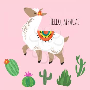 Proud awesome lama and cactus - hello alpaca card design. Vector green cactus and animal lama, alpaca wildlife illustration