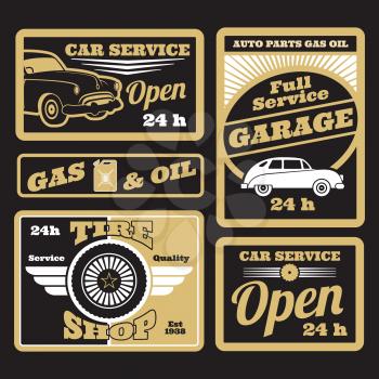Black golden retro vintage car service labels of set. Vector illustration