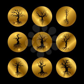 Black trees silhouette icons set with shiny golden elements. Vector illustration
