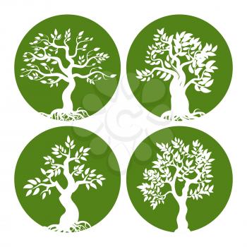 Green tree silhouette icon set. Nature tree green in round emblems collection. Vector illustration