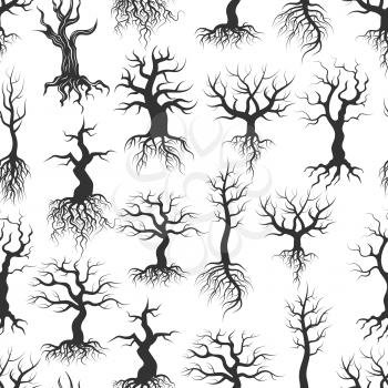 Old tree silhouettes samless background and pattern. Tree with roots texture. Vector illustration