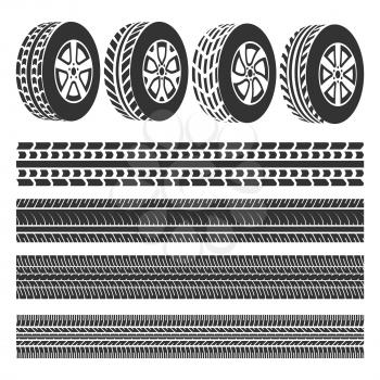 Tire shop, tire tracks set vector isolated on white background illustration