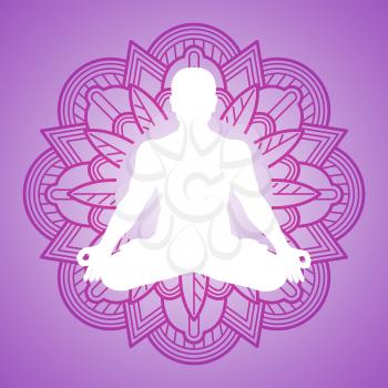 Meditation person on flower mandala frame. Yoga logo design. Vector yoga meditation and mandala pattern illustration