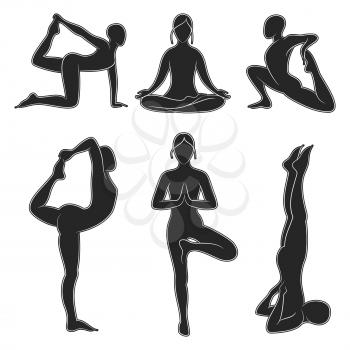 Popular yoga pilates pose black silhouette of set. Vector illustration