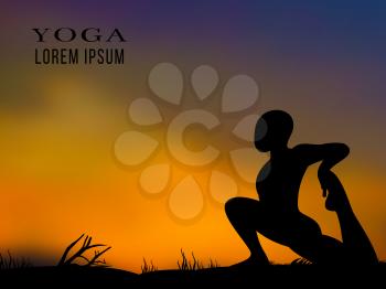 Man yoga training on sunset background banner or poster. Vector illustration