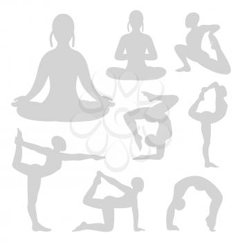 Grey pilates yoga fitness silhouettes set. Healthy woman collection pose. Vector illustration
